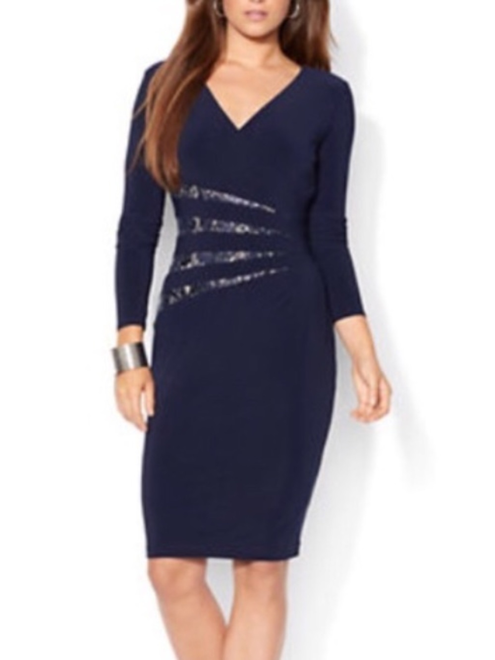Lauren Ralph Lauren Navy Long-Sleeve V-Neck Sheath with Sequin/Panel Detail Sz10